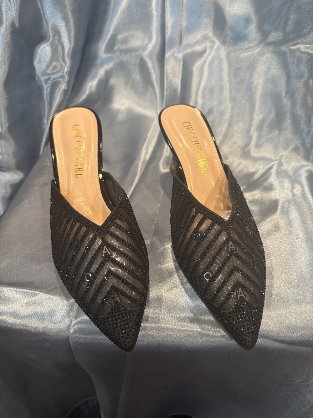 City Chic Black Pointed Slip-On Mules with Sheer Striped Detail